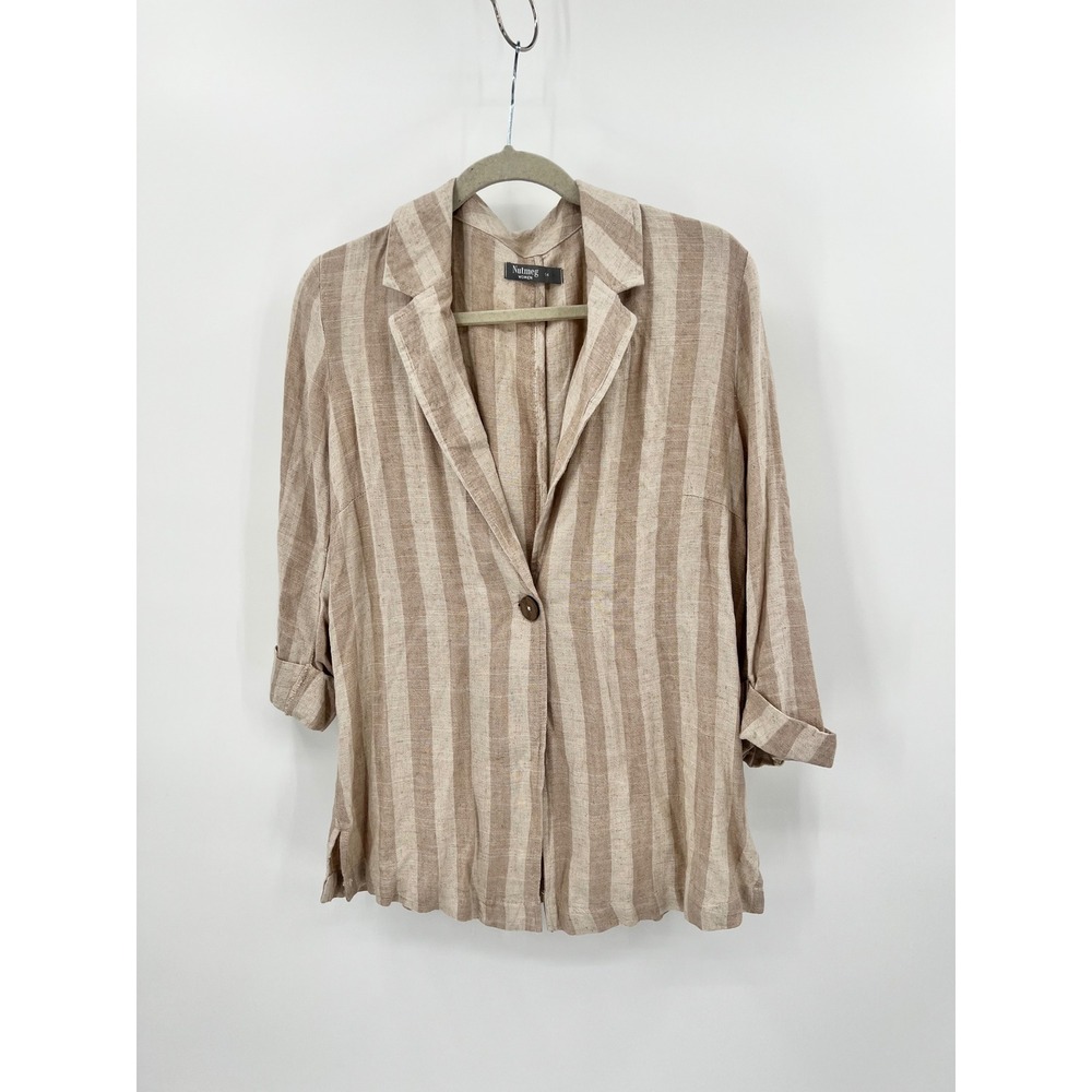 Nutmeg Tan Beige Striped Linen Blend Single Button Blazer Jacket Size US 10 - Picture 1 of 8